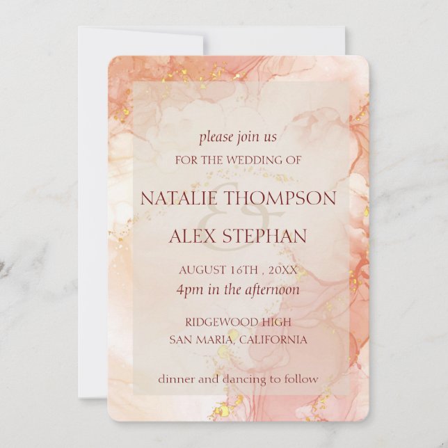 Peach Gold Marble Effect Monogram Elegant Wedding  (Front)