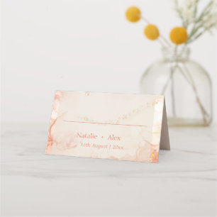 Peach Gold Marble Monogram Wedding Party Folded Place Card