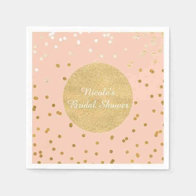 Peach & Gold Shiny Confetti Dots Chic Modern Napkin (Front)