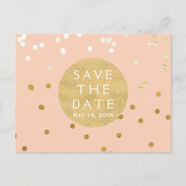 Peach & Gold Shiny Confetti Dots Save The Date Announcement Postcard (Front)