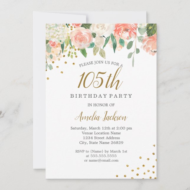 Peach Gold Watercolor Floral 105th Birthday Party Invitation (Front)