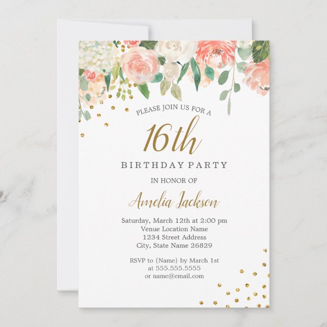 Peach Gold Watercolor Floral 16th Birthday Party Invitation (Front)