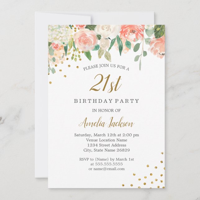 Peach Gold Watercolor Floral 21st Birthday Party Invitation (Front)