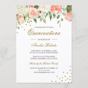 Peach Gold Watercolor Floral Quinceanera Invitation