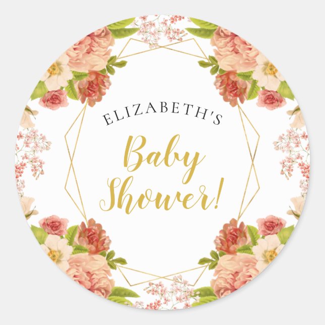 Peach Gold Watercolor Flowers Baby Shower Classic Round Sticker (Front)