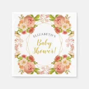 Peach Gold Watercolor Flowers Baby Shower Napkin