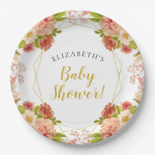 Peach Gold Watercolor Flowers Baby Shower Paper Plate
