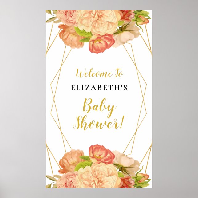 Peach Gold Watercolor Flowers Baby Shower Sign (Front)