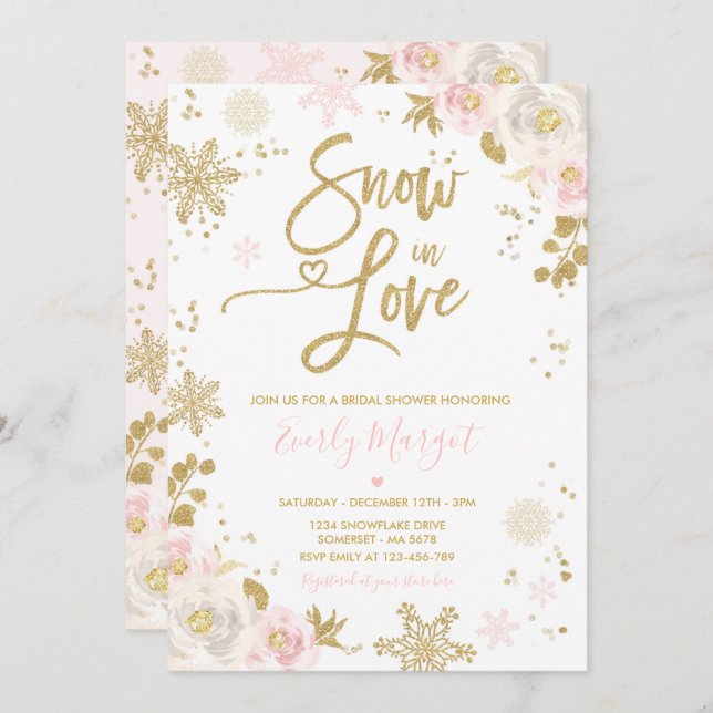Peach & Gold Winter Bridal Shower Snow In Love Invitation (Front/Back)