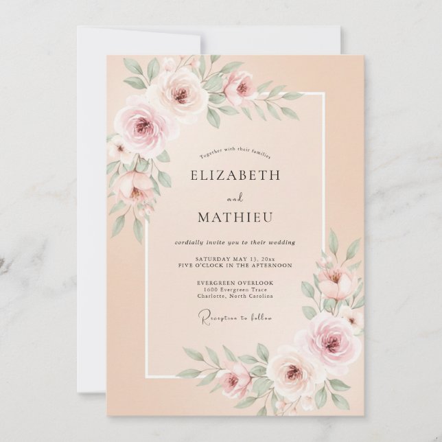 Peach Graceful Rose Floral Wedding Invitation (Front)