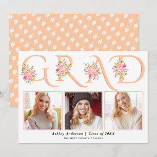 Peach GRAD typography pink roses photo graduation Announcement
