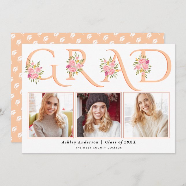 Peach GRAD typography pink roses photo graduation Announcement (Front/Back)
