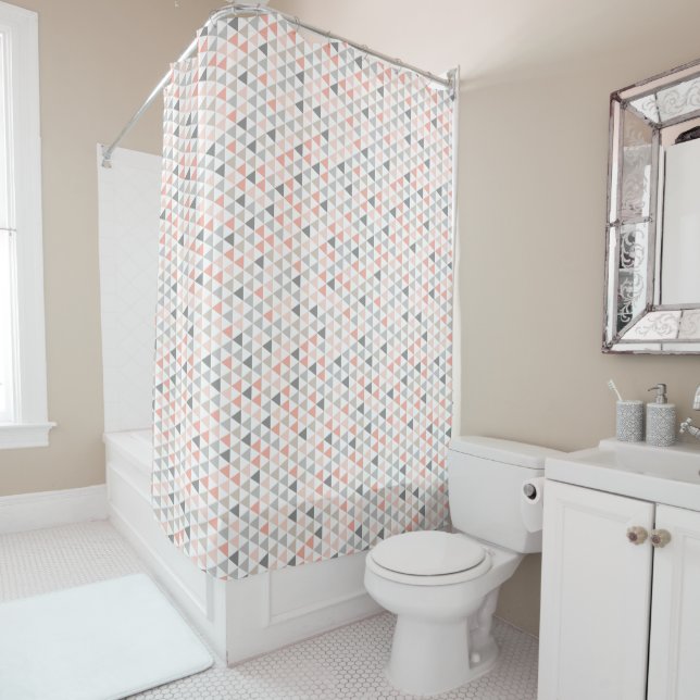 Peach Gray Beige Neutral Modern Geometric Pattern Shower Curtain (In Situ)