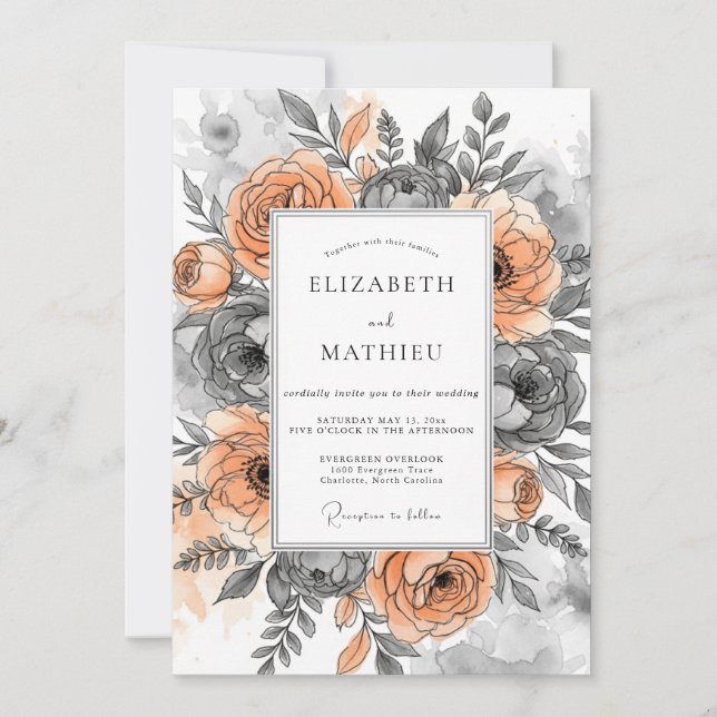 Peach Grayscale Autumnal Wedding Invitation (Front)