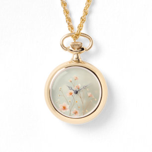 Peach & Green Bokeh Little Flowers Necklace Watch