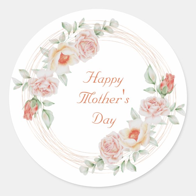 Peach Green Floral Elegant Happy Mother's Day  Classic Round Sticker (Front)