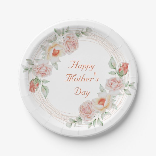 Peach Green Floral Elegant Happy Mother's Day  Paper Plate (Front)