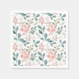 Peach Green Floral Paper Napkins, Botanical Party Napkin