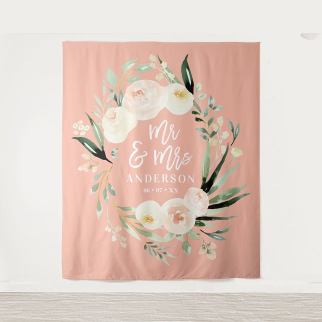 Peach + green Mr & Mrs watercolor floral wedding Tapestry (Front)