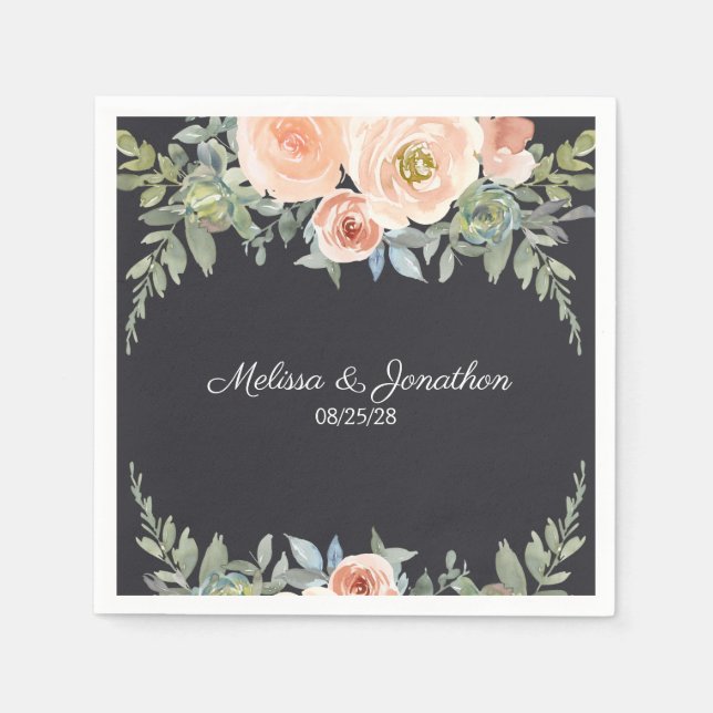Peach Green Navy Pastel Floral Wedding Napkins (Front)