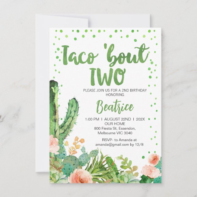 Peach Green Taco Bout Two 2nd Birthday Invitation (Front)