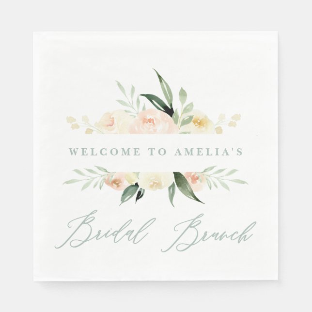 Peach green watercolor floral bridal brunch favour napkin (Front)