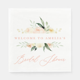 Peach + green watercolor floral bridal shower napkin