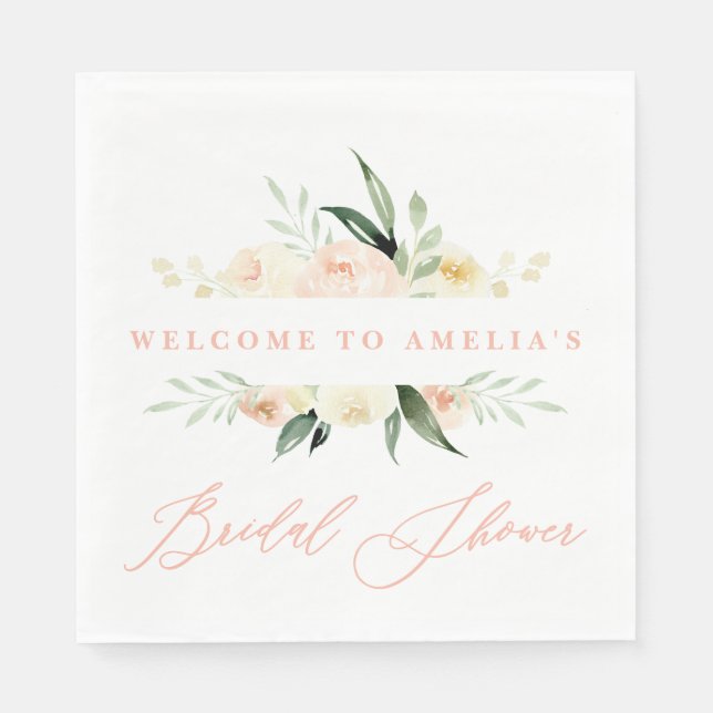 Peach + green watercolor floral bridal shower napkin (Front)