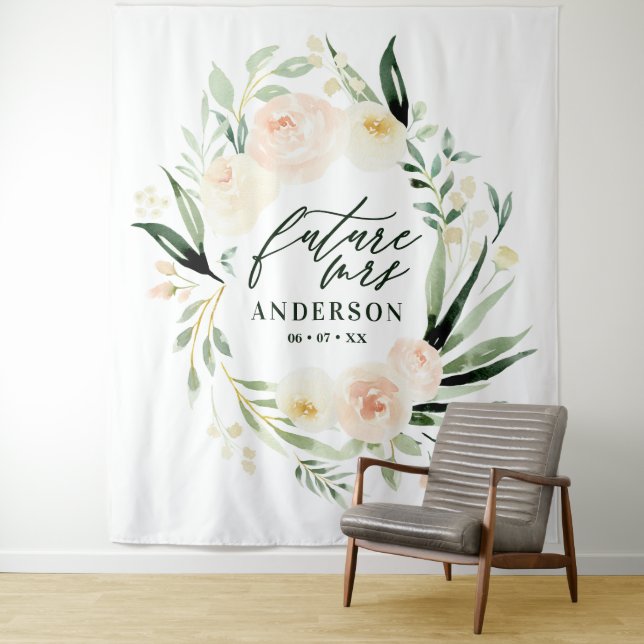 Peach + green watercolor floral bridal shower tapestry (In Situ)