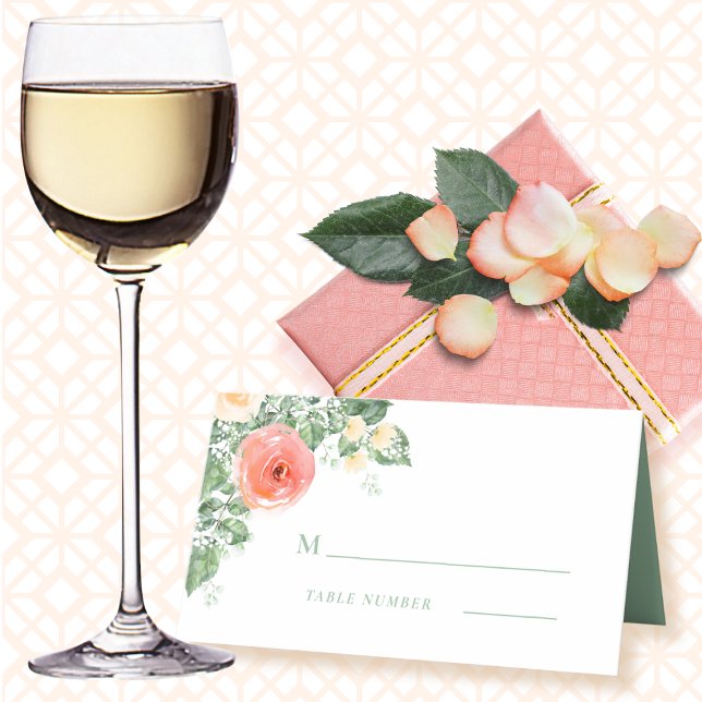 Peach Green Watercolor Floral Monogram Romantic Place Card (Creator Uploaded)