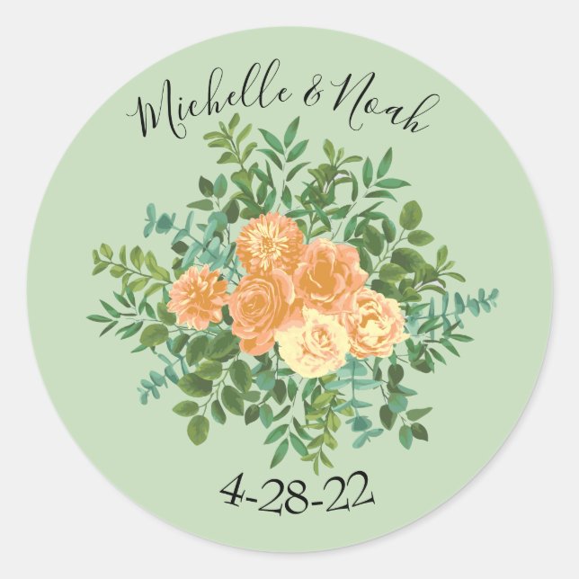 Peach Green Wedding Spring Pastel Floral Classic Round Sticker (Front)
