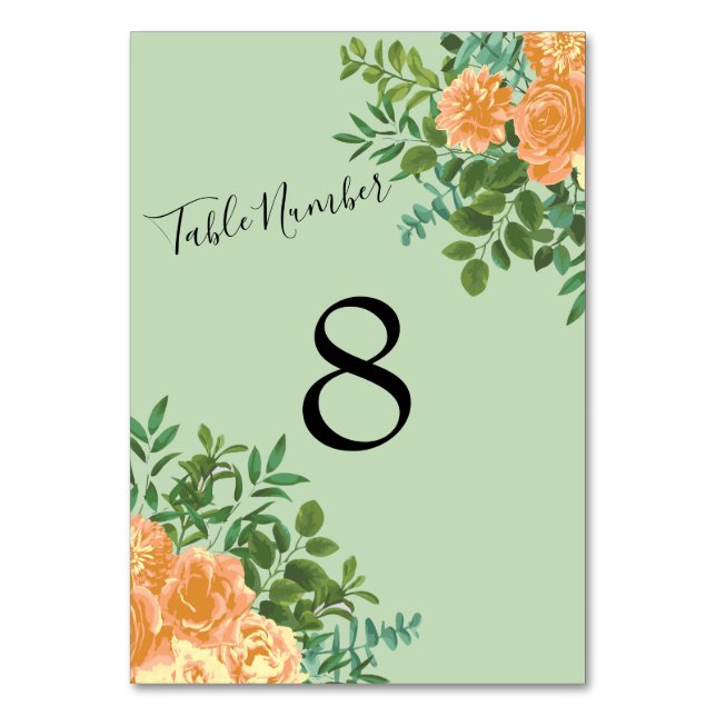 Peach Green Wedding Spring Pastel Floral Table Number (Back)
