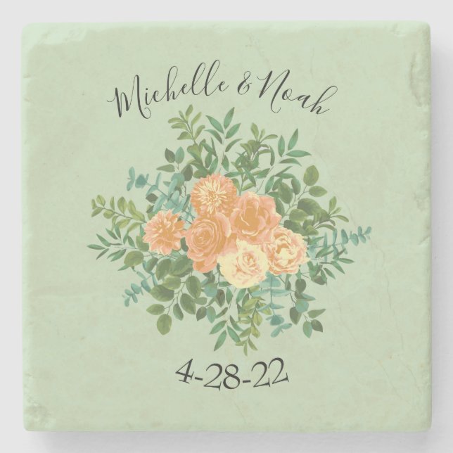 Peach Green Wedding Spring Pastel Stone Coaster (Front)
