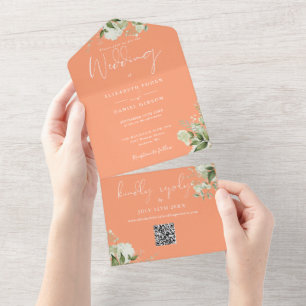 Peach Greenery Floral QR Code Monogram Wedding All In One Invitation