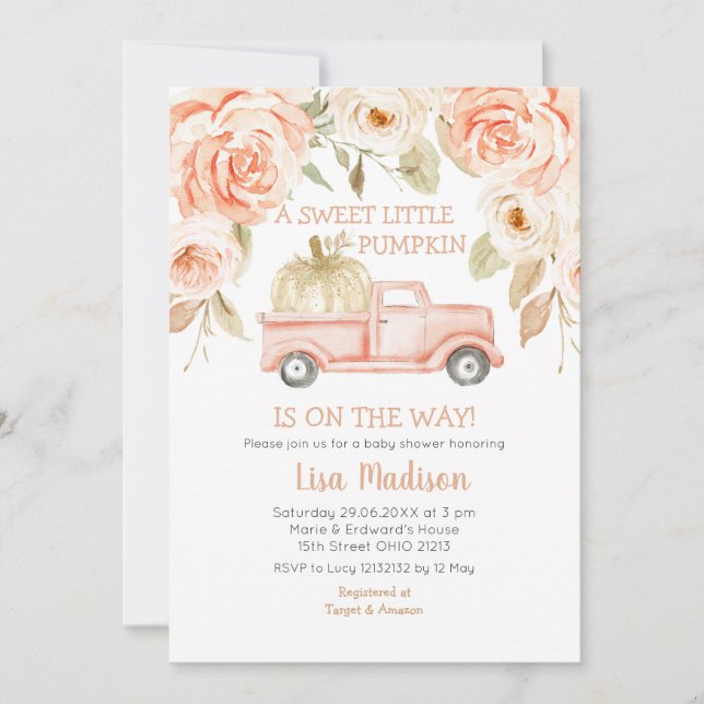 Peach Greenery Truck Baby Shower Girl Invitation (Front)