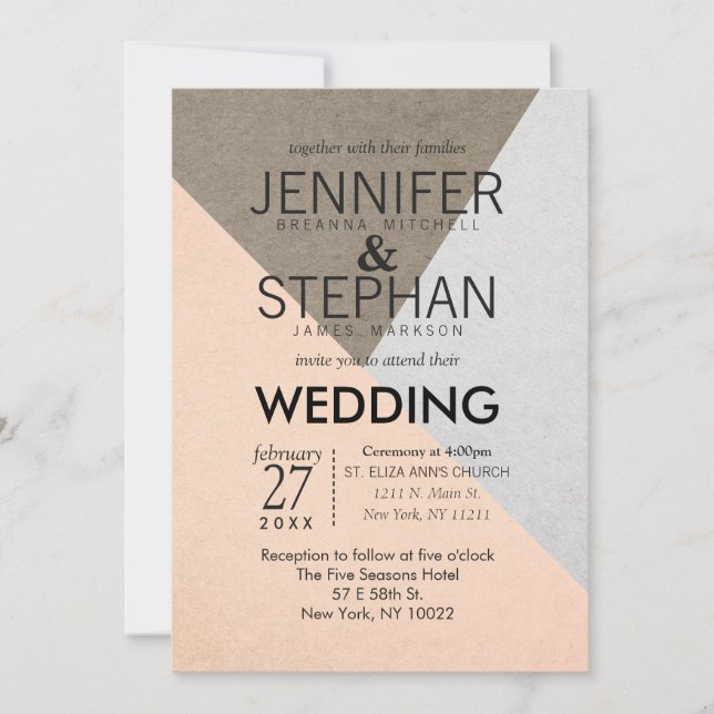 Peach Grey Brown Geo Triangles Wedding Invitations (Front)