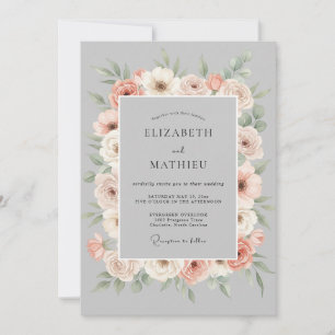 Peach Grey Floral Romance Wedding Invitation