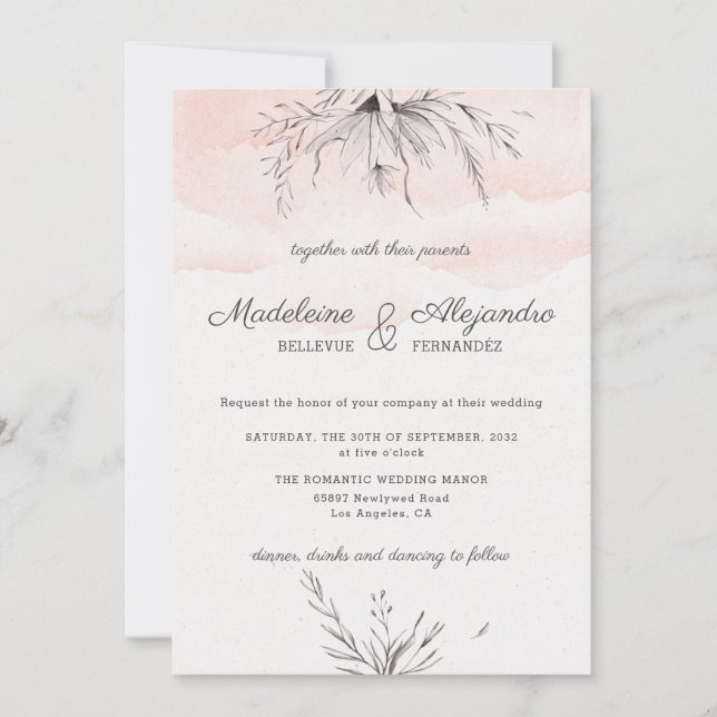 Peach & grey floral romantic elegant wedding invitation (Front)