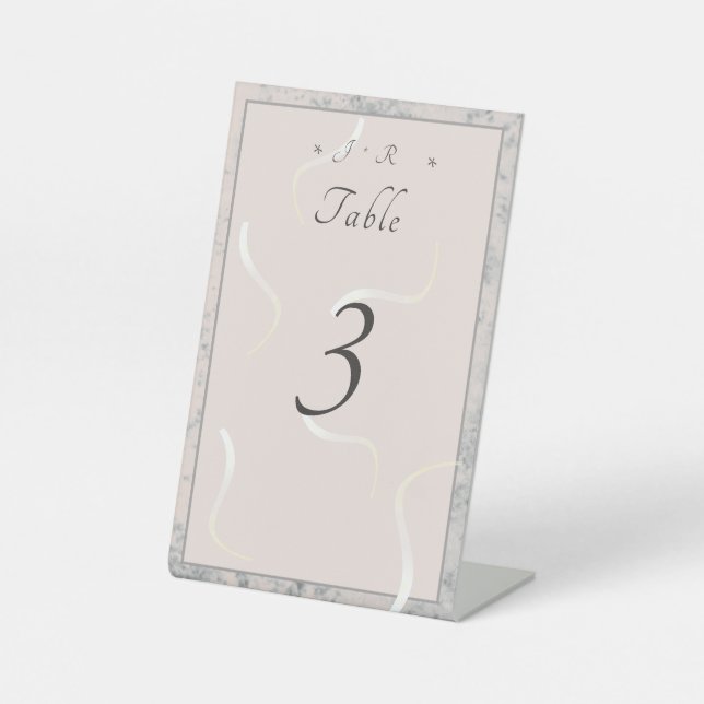 Peach & Grey Marble Monogrammed Table Number Pedestal Sign (Front)