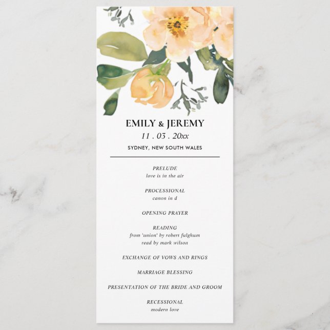 PEACH GREY PEONY FLORAL WATERCOLOR WEDDING PROGRAM MENU (Front)