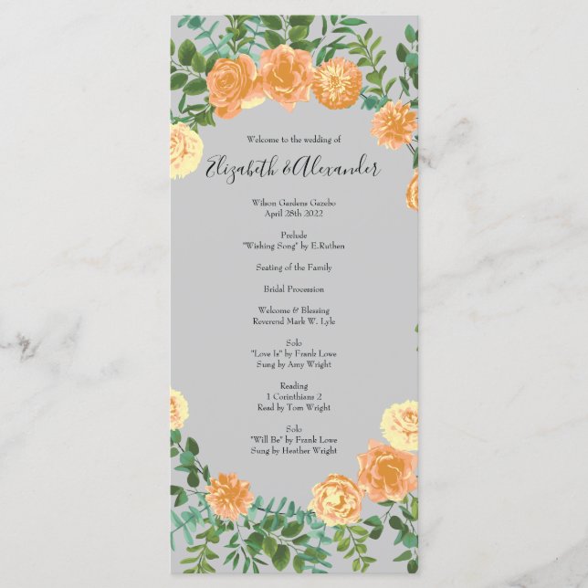 Peach & Grey Peony & Rose Floral Wedding Programs Menu (Front)