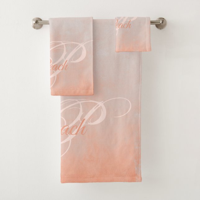 Peach grey rustic Abstract monogram Bath Towel Set (Insitu)