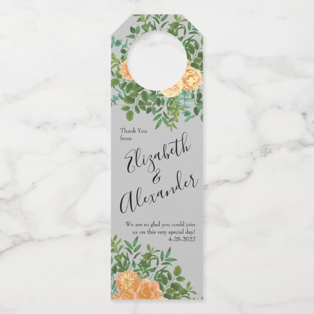 Peach Grey Wedding Spring Floral Bottle Tag (Front)