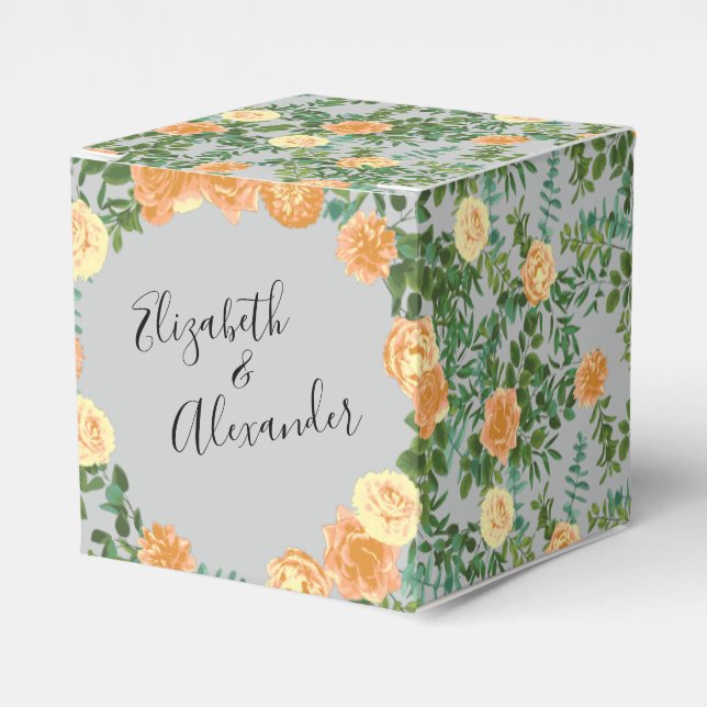 Peach Grey Wedding Spring Floral Favour Box (Front Side)