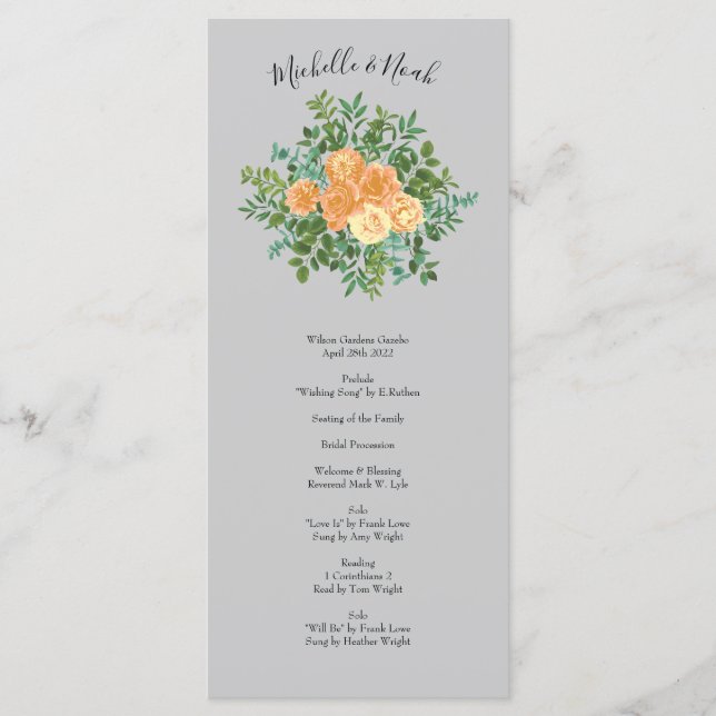 Peach Grey Wedding Spring Floral Menu (Front)