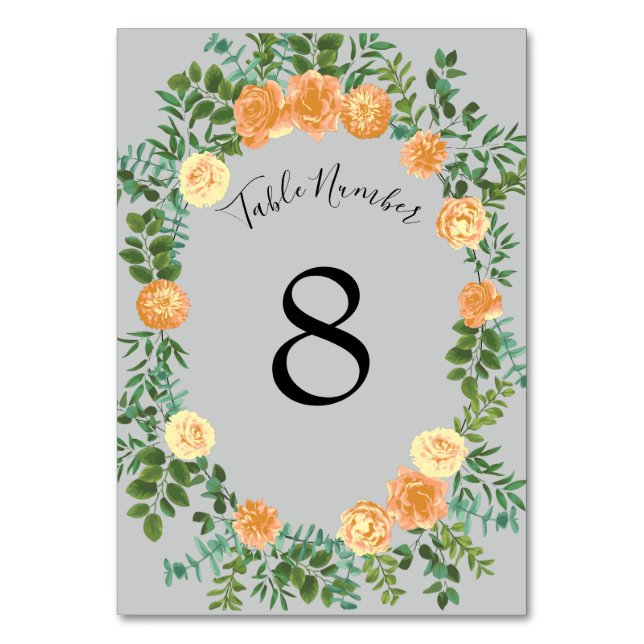 Peach Grey Wedding Spring Floral Table Number (Back)