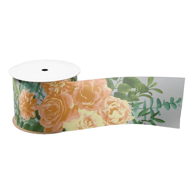Peach Grey Wedding Vintage Floral Satin Ribbon (Spool)