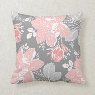 Peach Grey White Floral Decorative Pillow