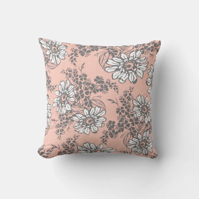 Peach Grey White Floral Decorative Pillow (Front)