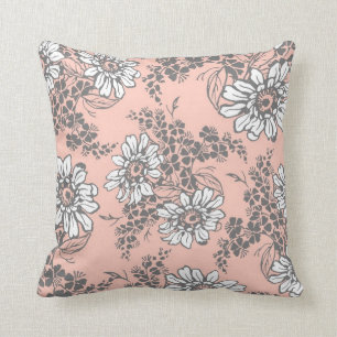 Peach Grey White Floral Decorative Pillow